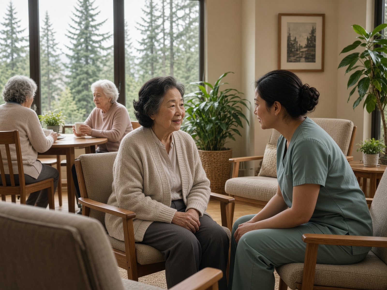 Residents and a nurse talking in an assisted living common room