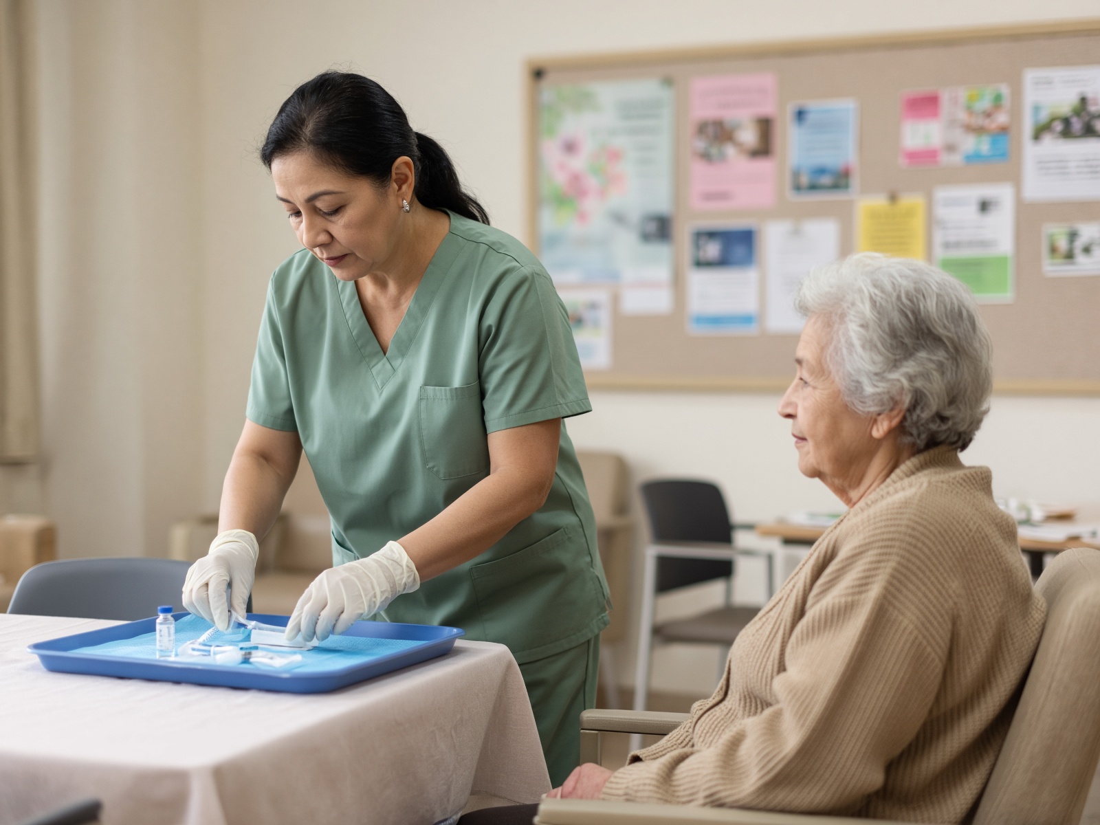 A nurse preparing a seasonal clinic in a senior living activity room