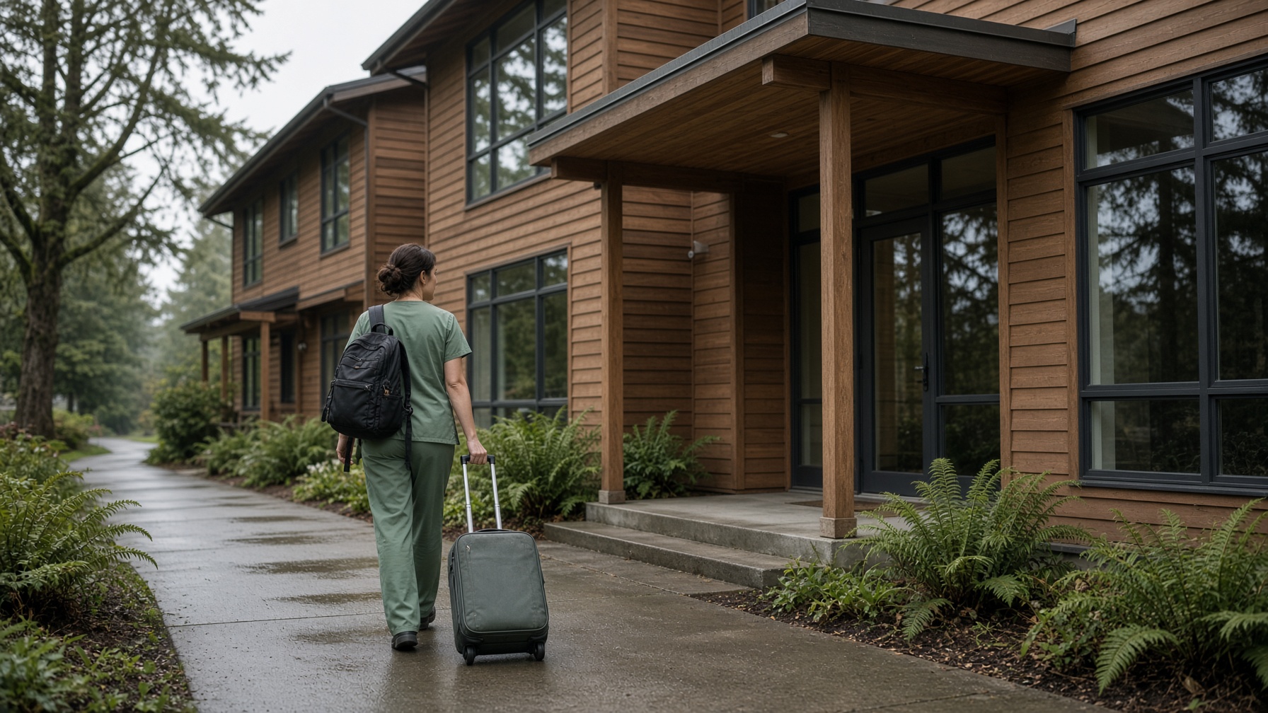 A travel nurse arriving at a Pacific Northwest senior living entrance